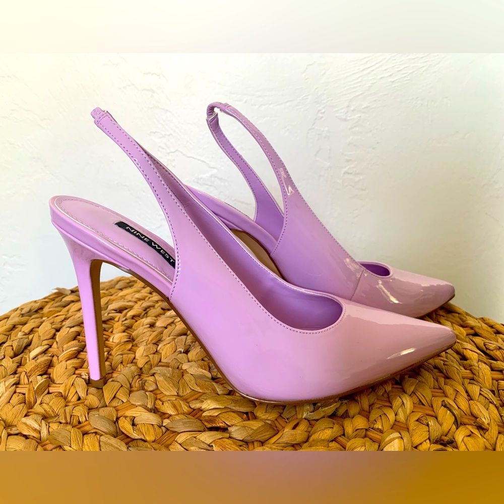 Nine West NWB Patent Leather Sling Back Heels, Feathers3 Lavender Purple Size 8